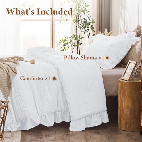JOLLYVOGUE Bright White Twin/Twin XL Comforter Set, 2pcs Seersucker Bed Set