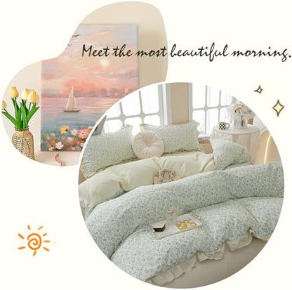 LifeTB Green Floral Comforter Set Twin XL Romantic Ruffled Comforter Blue Flower Bedding Comforter Set Soft Microfiber Floral Bedding Set Lightweight Fluffy Vintage Botanical Comforter for All-Season