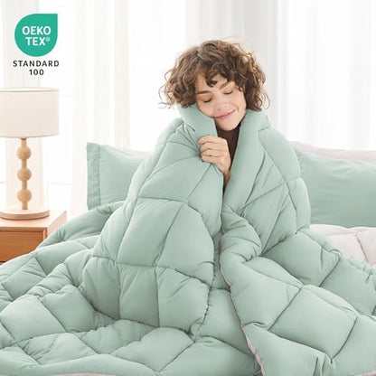 MUXHOMO 7 Pieces Full Comforter Set, Reversible Bed in a Bag Full Size, All Season Bedding Set with Comforter, Flat Sheet, Fitted Sheet, Pillowcases & Shams, Sage Green & Beige