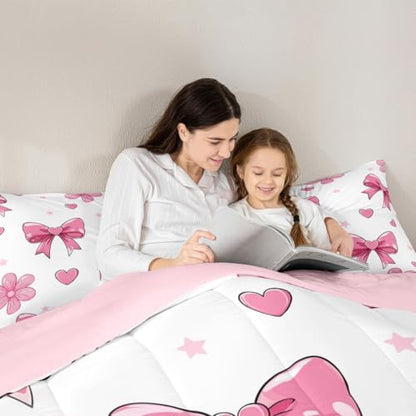jejeloiu Pink Bow Bedding Set Soft for Boys Girls, Colourful Bowknot Comforter Set Queen Size White Pink Duvet Quilt Microfiber Butterfly Bowknot Bedroom Decor 3 Pcs with 2 Pillow Cases
