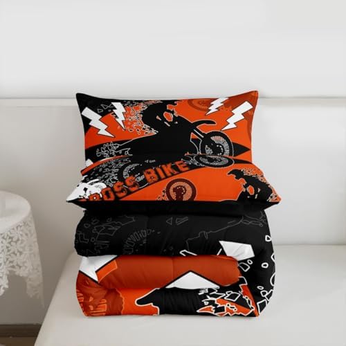 Erosebridal Kids Dirt Bike Twin Comforter Set for Boys Dirtbike Bedding Set Motocross Bedroom Decor for Boys Men Adult,Rider Motorcycle Bed Set Cool Extreme Sports Bedding Sets 2Pcs,Orange Black