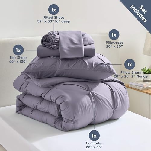 Nestl 7 Piece Twin XL Comforter Set – Dusty Purple Pinch Pleated Bed in a Bag – Complete Twin XL Size Bedding Set with Sheets, Set of 2 Cooling Pillows, Pillowcase and Sham