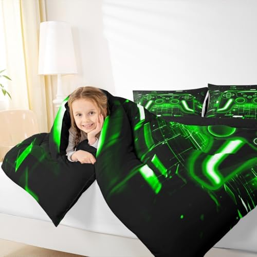 Erosebridal Gaming Comforter Set Gamer Girl Toddler Bedding Set, Neon Lights Retro Game Console Comforter Green Brick Cube Quilt,Game Room Decor