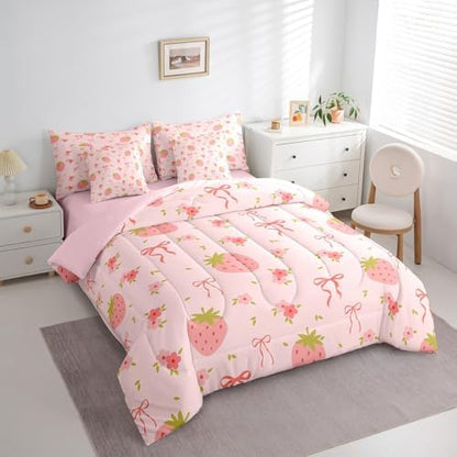 Erosebridal Strawberry Bed in a Bag Queen Comforter Set 7 Piece,Pink Bow Tie Bedding Set,Princess Silk Ribbon Comforter and Sheet Set Cute Bowknot Bed Set,Boho Floral Flowers Pink Kawaii Room Decor