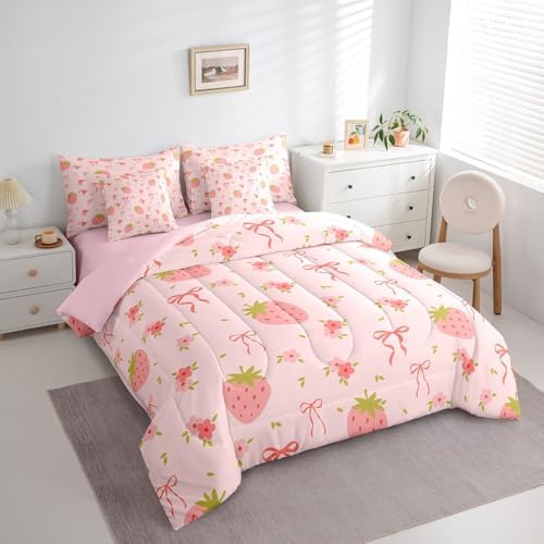 Erosebridal Strawberry Comforter Set 7 Piece Bed in a Bag Twin,Pink Bow Tie Bedding Set,Princess Silk Ribbon Comforter and Sheet Set Cute Bowknot Bed Set,Boho Floral Flowers Pink Kawaii Room Decor