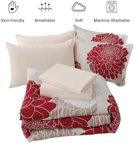 Yiran 7 Pieces Queen Comforter Set Red Floral Bed in a Bag Soft Microfiber Bedding Set 90"×90"(1 Comforter 1 Flat Sheet 1 Fitted Sheet 2 Pillowshams 2 Pillowcases)