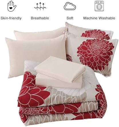 Yiran 7 Pieces Queen Comforter Set Red Floral Bed in a Bag Soft Microfiber Bedding Set 90"×90"(1 Comforter 1 Flat Sheet 1 Fitted Sheet 2 Pillowshams 2 Pillowcases)