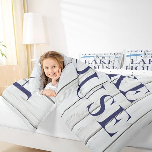 Lake House Comforter Set Full Size, Cabin Rustic Farmhouse Style Bedding Set 3pcs, Grey Wooden Plank Lake Themed Down Comforter for All Season, Kids Boys Girls Room Decor, 2 Pillowcases, No Sheets