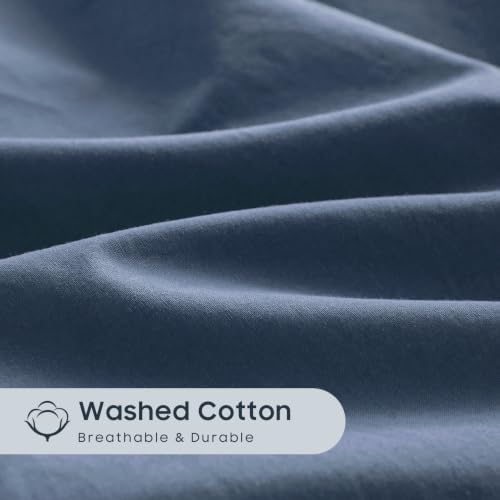 Wake In Cloud - Cotton Duvet Cover Set, 100% Washed Cotton, Linen Like Textured, Breathable Durable Comfy Farmhouse Neutral Bedding Set, 3 Pieces, Dark Blue, Full Size