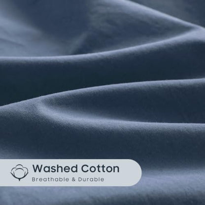 Wake In Cloud - Cotton Duvet Cover Set, 100% Washed Cotton, Linen Like Textured, Breathable Durable Comfy Farmhouse Neutral Bedding Set, 3 Pieces, Dark Blue, King Size
