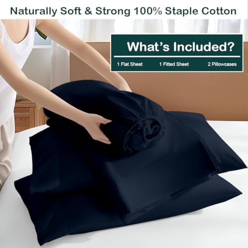 NON Sticky cotton Twin 4 Piece Sheet Set, 100% Long Staple Cotton, Soft Cooling Hotel Luxury Bedding Sheets, Deep Pocket Fits 10" to 18" Mattress, 39" x 75", Navy Blue Solid
