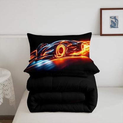 Erosebridal Boys Race Car King Bedding Set Kids Racing Car Comforter Extreme Sports Bed Set for Teens Cool Car Room Decor Car Sports Quilt Set 1 Comforter Set with 2 Pillowcases,Black Blue Orange