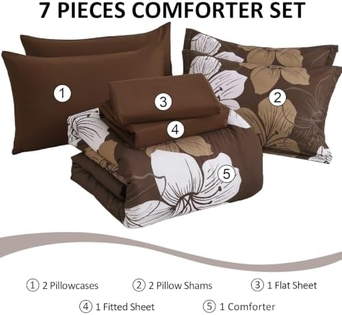 Luxudecor Brown King Size Comforter Set, 7 Pieces Floral Bed in a Bag