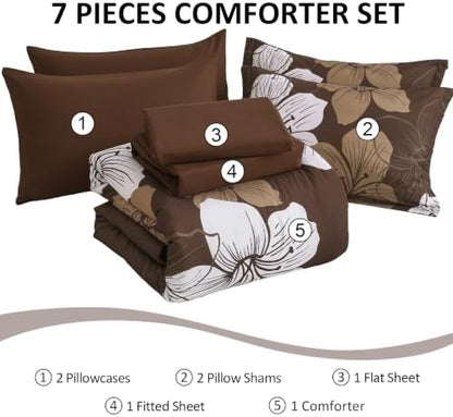 Luxudecor Brown King Size Comforter Set, 7 Pieces Floral Bed in a Bag