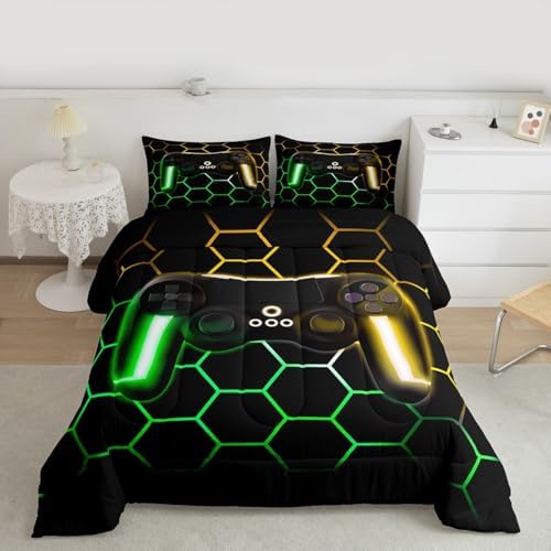 Erosebridal Gaming Bedding Sets for Boys Twin Gamer Comforter Sets with Glitter Honeycomb Printed,Neon Light Game Console Quilted Duvet,Geometric Honeycomb Diamond Down Alternative Comforter 2pcs