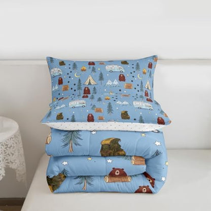 Homewish Cartoon Tents Camp Camper Comforter Set Twin Size,Camping Picnic Bedding Sets 2Pcs for Kids Girls Boys Teens Room Decor,Woodland Bear Quilted Duvet Snow Mountain Down Comforter,1 Pillowcase