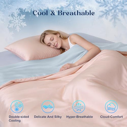 Bcareself Double-Sided Cooling Comforter for Hot Sleepers, All-Season Breathable Lightweight Cooling Blanket, Night Sweats Relief, Cool to the Touch Silky Soft Fabric Bedding Gift, Pink Blue Twin Size