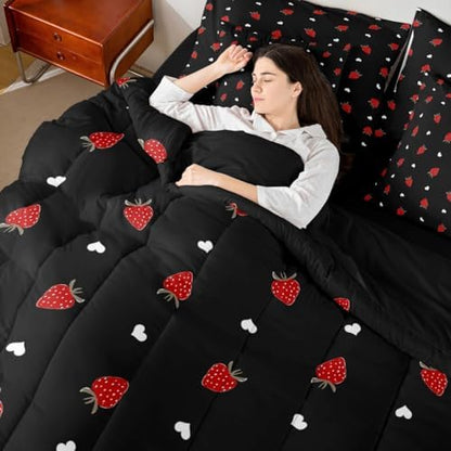 Erosebridal Kawaii Strawberry Queen Size Comforter Set, Cute Fruits Theme Sweet 7-Piece Bed in A Bag, Red Black Sheets and Pillowcases, Heart Pattern Bedding Set Room Decor
