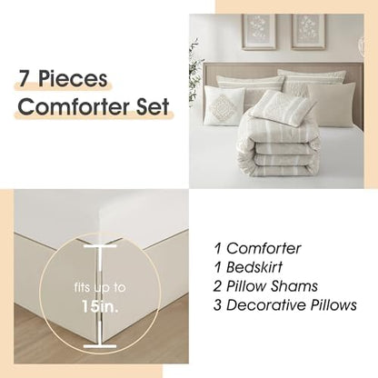 LANCO MODERN LIFESTYLE 7 Piece Queen Comforter Set, Beige, Elegant Jacquard with Patchwork, Stylish and Cozy Bedding Collection, Premium Bedding Set with Bedskirt, Shams and Pillows