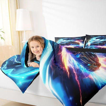 Kids Boys Sports Comforter Set - Black Blue Wolf Race Car Comforter for Kids Teens Room Decor - Lightning Extreme Sports Game Theme Bedding Set - Cool Speed Luxury Cars Quilt Set-All Season,King Size