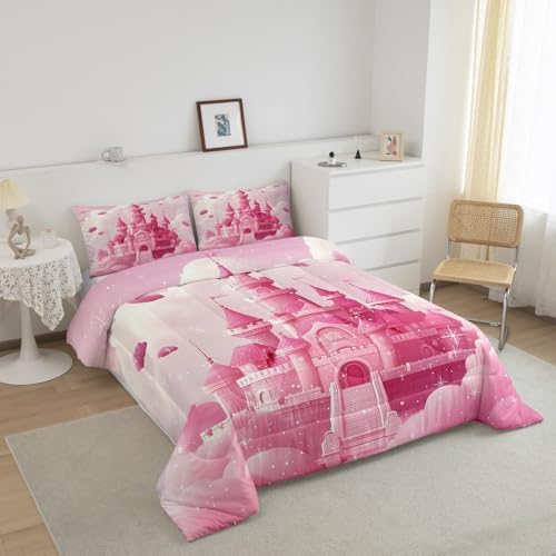 Homewish Teens Dream Castle Comforter Set Queen Size,Princess Style Bedding Set for Kids Boys Girls Bedroom Decoration,Pink Glitter Bed Duvet Insert,Gilry Castle Comforter with 2 Pillowcases