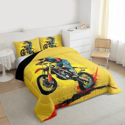 Feelyou Bright Yellow Motocross Kids Comforter Set King Colorful Rider Bedding Set Splatter Print Duvet Quilt for Kids Boys Girls Bedroom Off-Road Racing Decor Dirt Bike Ultra Soft Breathable