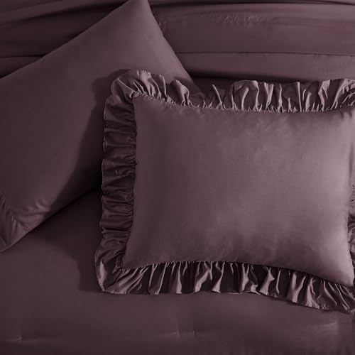 California King Comforter Set Dark Purple Ruffle 7 Pieces Bed in a Bag
