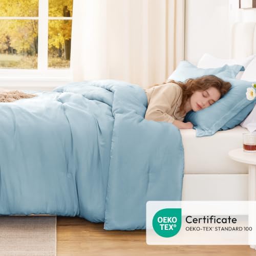 Love's cabin Light Blue King Size Comforter Set, 3-Piece Prewashed Bed Set