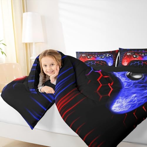 Erosebridal Honeycomb Gamer Kids Comforter Set Red Blue Neon Lights Game Consoles King Bedding Set Ombre Art Geometry Hexagon Beehive Duvet Set Gaming Decor for Boys Bedroom Decor