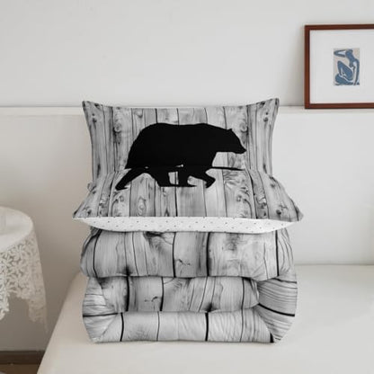 Bear Comforter Set King Size,Rustic Farmhouse Wood Cabin Bedding Set,Wildlife Hunting Quilt Set for Kids Boys Girls Teens Room Decor,Grey Black Pine Trees Pattern Duvet Insert,2 Pillowcases