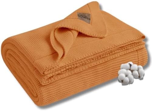 Dalisa 100% Organic Turkish Cotton Throw Blanket 80x90 Inches Saffron Gold– GOTS Certified, Cozy, with Recycled Gift Box – Perfect for Couch, Bed, and Home Decor – Boho Vintage Knit Alina