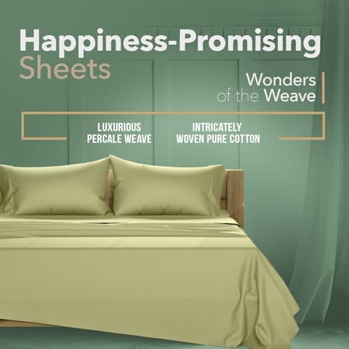 TEXAS LINEN CO. 100% Organic Cotton Sheets Queen Size - 4 PC Organic Cotton Queen Percale Weave Sheet Set, Soft, Cooling, Crisp & Breathable, 16" Deep Pocket Hotel Quality Bedding Set - (Sage Green)