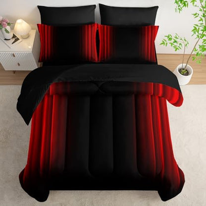 Nttopship Red and Black Bedding Set Twin Size Abstract Ombre Comforter Set Bedding Set 7 Piece in A Bag,Dark Quilt Set Mordern Art Decor All Seasons with Pillowcases,Flat, Fitted Sheet
