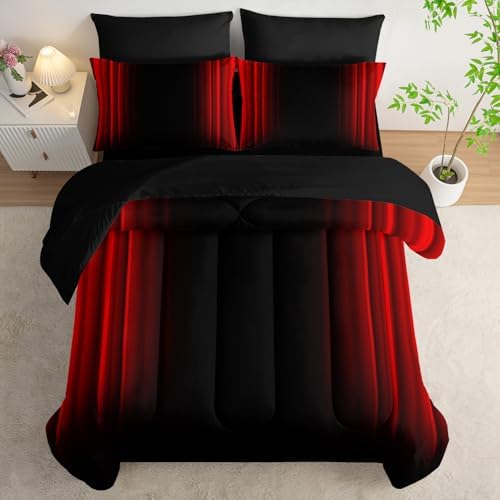 Nttopship Red and Black Bedding Set Full Size Abstract Ombre Comforter Set Bedding Set 7 Piece in A Bag,Dark Quilt Set Mordern Art Decor All Seasons with Pillowcases,Flat, Fitted Sheet