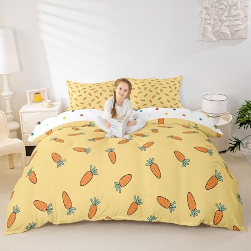 Carrot Duvet Cover Cute Cartoon Reversible Comforter Cover Set for Kids Girls Teen Soft Microfiber Bedding Set with Zipper Ties Modern Simple Style Bedspread,1 Duvet Cover with 2 Pillow Cases,Full