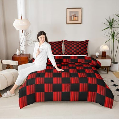 Feelyou Checkered Bedding Set for Boys Girls Abstract Ombre Comforter Set Toddler Size Modern Geometric Red Black Duvet Quilt Cute Neutral Aesthetic Plaid Bedroom Decor 2 Pcs with 1 Pillow Cases