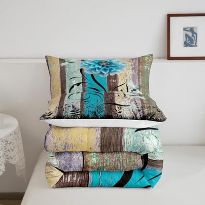 Manfei Blue Flower Comforter Set King Size, Boho Dragonfly Quilt Set with 2 Pillowcases, Vintage Wooden Board Bedding Set 3pcs for Kids Boys Girls Room Decor Botanical Floral Duvet Insert