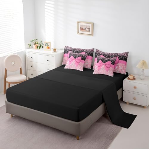 Pink Bowknot Bed in a Bag Queen Comforter Set 7 Piece,Kawaii Bow Knot Bedding Set,Silk Ribbon Comforter and Sheet Set Glitter Sequin Print Diamond Bed Set,Dreamy Princess Style Cute Pink Room Decor