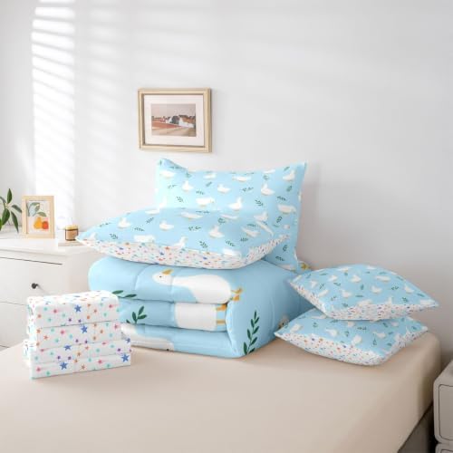 Erosebridal Cute Silly Goose Twin Size Bedding Set Boys Cartoon Ducks 7 Pieces Comforter Set with Sheets for Kids Teens Funny Animals Bed in a Bag Light Blue Farmhouse Floral Bed Sets