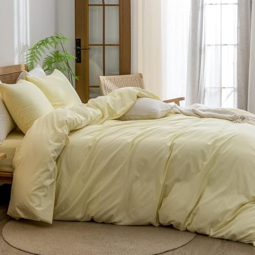 BESTOUCH Cotton Solid Duvet Cover Set Linen Feel Light Yellow Alaska King