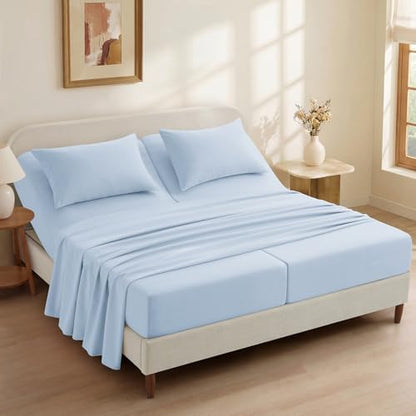 P Pothuiny 5-Piece Split King Sheets Set, Light Blue Soft Microfiber Fabric