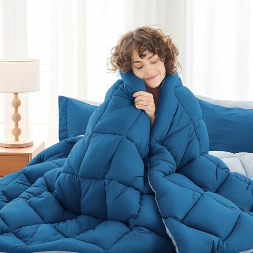 MUXHOMO 7 Pieces King Comforter Set, Reversible Bed in a Bag King Size, All Season Bedding Set with Comforter, Flat Sheet, Fitted Sheet, Pillowcases & Shams, Teal & Lake Blue