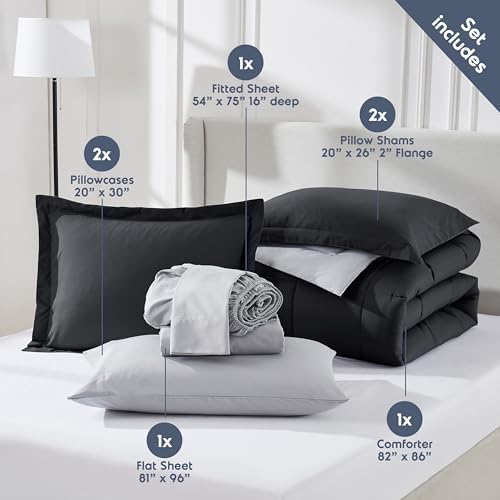 Nestl 9 Piece Full Comforter Set – Black Reversible Bed in a Bag – Complete Full Size Bedding Set with Sheets, Set of 2 Down Alternative Pillows, Pillowcases and Shams