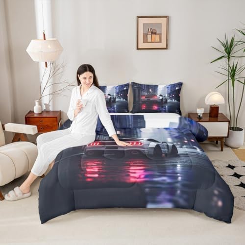 Erosebridal Kids Boys Sports Car Comforter Set Toddler White Race Car Bedding Extreme Sport Duvet Insert with 1 Pillowcase Boys Room Decor Cool Cars Toddler Comforter for Teen,Soft Microfiber