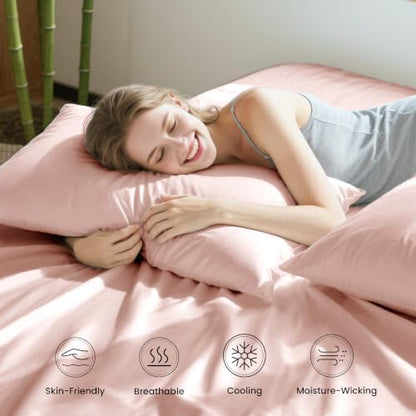 Love's cabin 4 Piece Full Size Sheet Set, 100% Rayon Derived from Bamboo, Cooling & Breathable, Soft Silky Deep Pocket up to 16", Hotel Luxury Bedding for Hot Sleepers, Pink