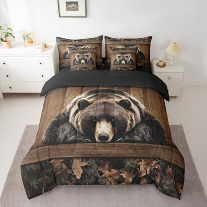 Erosebridal Grizzly Bear Full Bedding Set 7 Piece Rustic Hunting Bear Bed in A Bag with Sheets Farmhouse Cabin Comforter Set for Kids Adults,Wildlife Animal Black Brown Bed Sets