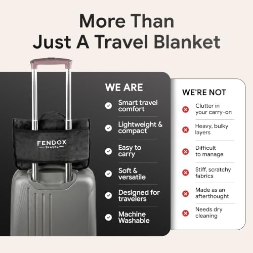 2-in-1 Travel Blanket and Pillow – Lightweight, Compact, Ultra Soft, Machine Washable – Handle, Luggage Sleeve, Backpack Clip – for Travel Airplane, Car, Office (Black)
