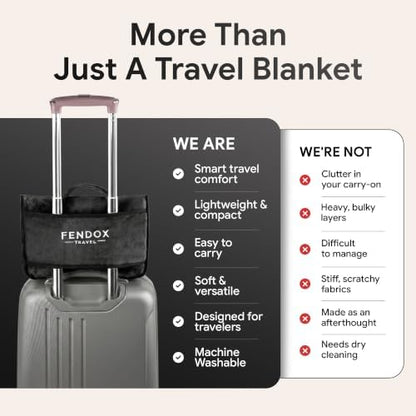 2-in-1 Travel Blanket and Pillow – Lightweight, Compact, Ultra Soft, Machine Washable – Handle, Luggage Sleeve, Backpack Clip – for Travel Airplane, Car, Office (Black)