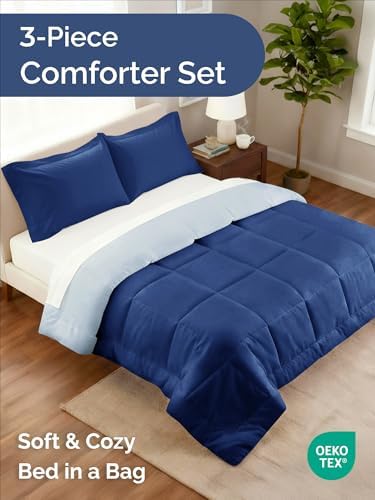 King Comforter Set - Navy Blue/Sky Blue Bedding, All Seasons - 3 Piece Set