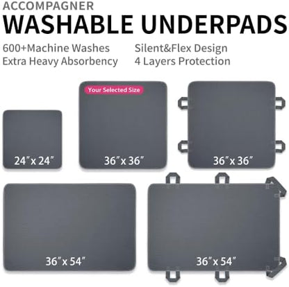 Accompagner Incontinence Bed Pads Washable Waterproof, Ultra-Absorbent Reusable Underpads for Diaper Changing, Nursing, Bedridden, Adults, Seniors, Kids and Dogs (Dark Gray, 36"x36"(Pack of 6))